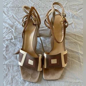 Marion Parke Elegant Tan and Cream Geometric Open-Toe Heels